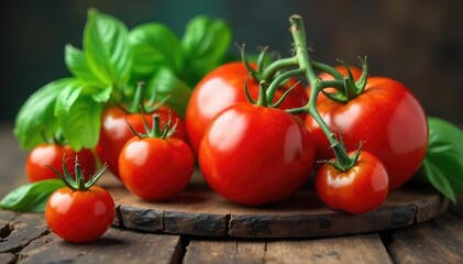 A vibrant still life featuring ripe red tomatoes, fresh basil, and rustic wooden elements, evoking a healthy and flavorful lifestyle , diet, growth, homegrown