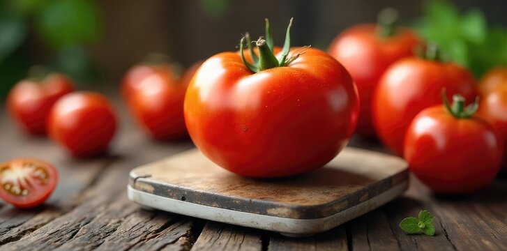 A vibrant, ripe red tomato sits on a scale, surrounded by other fresh tomatoes, illustrating a healthy, tomato-focused diet , fruit, fruit and vegetable diet - Powered by Adobe
