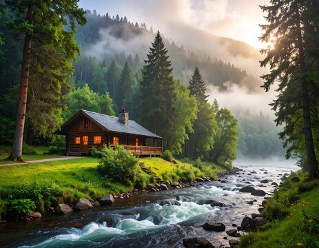 Cozy wooden cabin nestled by a flowing river in a misty forest