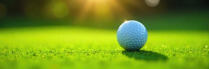 Obraz premium Close-up of a golf ball resting on a lush green putting surface, sunlight illuminating the scene, conveying the precision and challenge of the game , professional, sunlight, focus