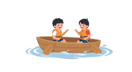 two children paddling a small wooden boat
