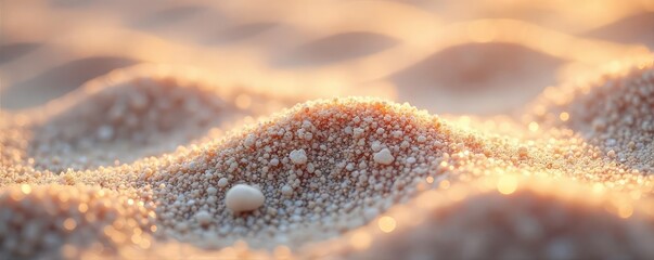 Close-up shot of fine, light-colored sand shimmering and reflecting light, evoking a feeling of levity and playfulness; perfect for whimsical or joyful themes , happy, particle