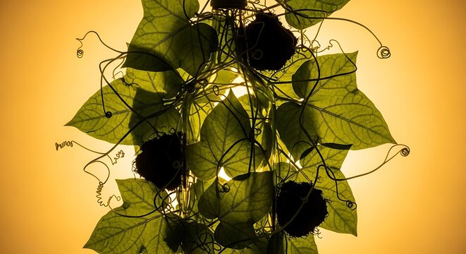Translucent Green Leaves and Dark Blooms Illuminated by Warm Golden Backlight. - Powered by Adobe