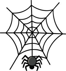 Spider web, black spider, creepy insect, Halloween decoration, spooky night, scary illustration, vector art, horror design, cad drawing flat vector illustration