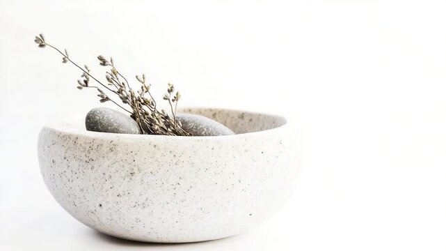 A simple still life of a white bowl filled with decorative rocks
