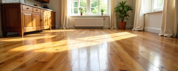 Gleaming hardwood floors shine after meticulous polishing, reflecting light beautifully  A pristine, clean indoor space, ready for enjoyment ,  sparkle,  interior