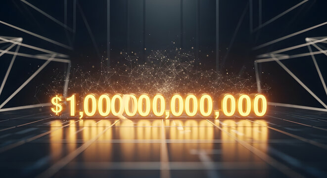 A glowing one trillion dollar amount displayed with abstract background and light reflections