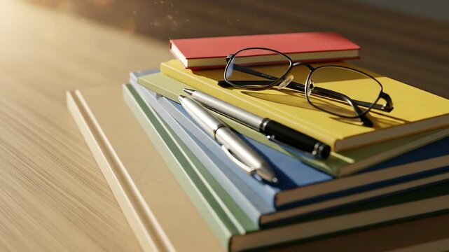A stack of colorful books, pens, and eyeglasses are illuminated by the warm light of a sunbeam