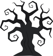 Spooky twisted tree silhouette with eerie branches, Halloween haunted forest design, dark mysterious nature illustration, creepy vector art, cad drawing flat vector illustration