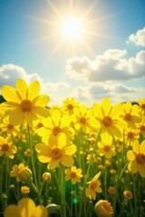 Fototapeta premium Radiant sunshine bathes a bright yellow field of flowers, evoking feelings of joy, warmth, and optimism Perfect for summer, happiness, and positive energy themes , meadow, joyful, blossom