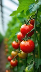 Ripe red greenhouse tomatoes on the vine, glistening with moisture, ready for harvest Leaves and stems show healthy growth within the controlled environment , organic, green