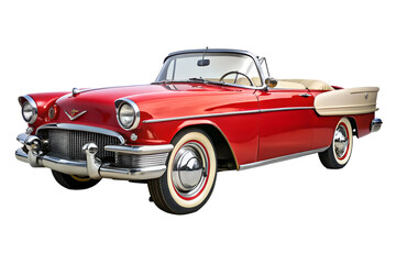 Classic red convertible car with a white top, representing vintage automobile style and design from a bygone era, isolated on white