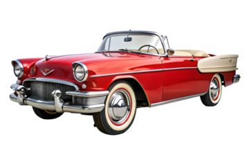 Classic red convertible car with a white top, representing vintage automobile style and design from a bygone era, isolated on white