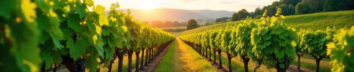 Naklejka premium Rows of lush, sun-drenched grapevines stretching across a picturesque hillside vineyard, ready for harvest The vibrant green leaves and plump grapes signify a bountiful season , farming, rural