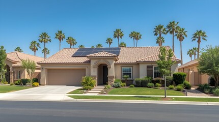 Beautiful mediterranean style stucco house with a red tile roof and solar panels on a sunny day surrounded by palm trees and green landscaping