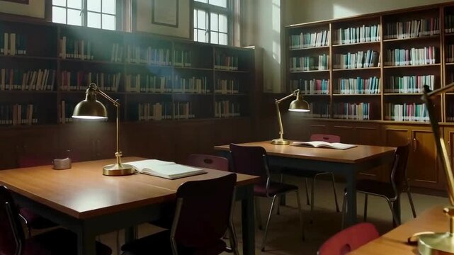 High school library with minimal decor, wooden bookshelves, and study lamps