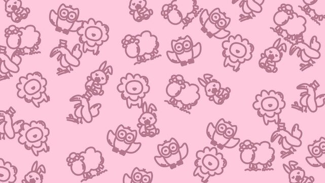 Cute Animal Doodle Pattern on Pink Background.