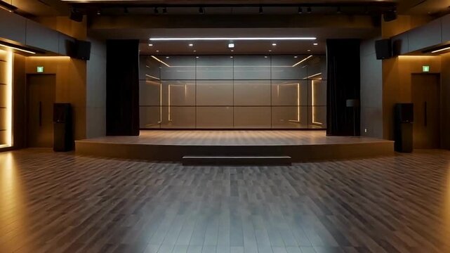 Modern seminar hall with sleek stage, wooden flooring, and ambient lights