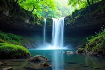 Obraz premium Serene waterfall cascading over mossy rocks, creating a tranquil and peaceful atmosphere perfect for relaxation and meditation The mist creates a magical ambiance , powerful, oxygen, picturesque