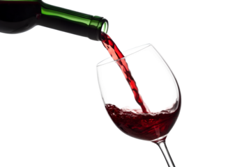 Capturing the elegant moment of pouring a rich, ruby-red wine from a bottle into a classic glass, symbolizing relaxation, celebration, and fine dining