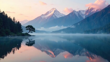 Fototapeta premium Serene landscape depicting the essence of Buddhist nature; peaceful mountain range reflecting in a tranquil lake at dawn, misty atmosphere, spiritual calm , trees, nirvana
