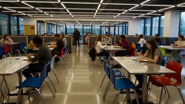 University cafeteria with modern furniture, open plan, and bright lighting