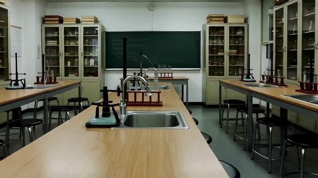 Science classroom interior with white walls, experiment tables, and organized storage