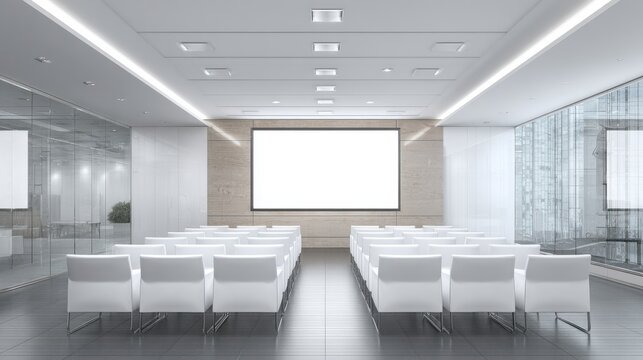 Modern Conference Room: An interior shot of a contemporary conference room, bathed in soft lighting. The room's architecture speaks of functionality and minimalist design