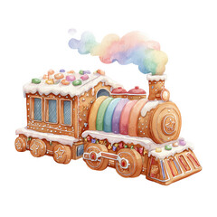 Colorful gingerbread train decorated with candy and icing in watercolor style on a whimsical holiday scene