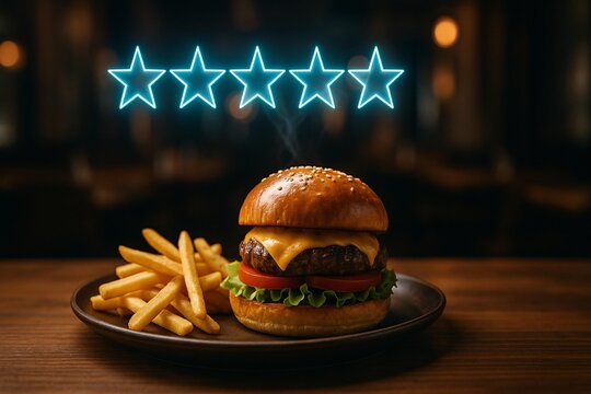 Delicious Cheeseburger and Fries with Five-Star Rating: A Foodie’s Gourmet Review Concept