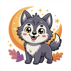Cute Kawaii Cartoon Wolf Cub with Crescent Moon and Fall Leaves - Vector