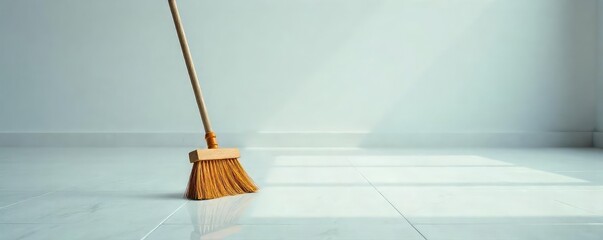 A lone broom meticulously sweeps a pristine, empty floor, leaving behind a trail of spotless cleanliness , broom bristles, close-up, empty room