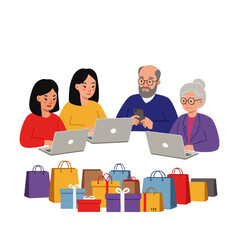 Obraz premium MultiGenerational Family Online Shopping with Laptops and Gift Bags.