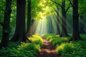 Obraz premium Sun-dappled forest path winding through ancient trees, lush green undergrowth, dappled sunlight filtering through leaves Perfect for nature, travel, and environmental themes , wood, tranquil