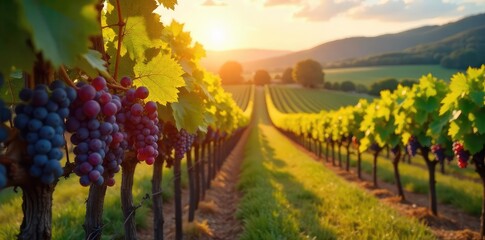Fototapeta premium Sun-drenched rows of ripe grapes hanging heavy on the vine, ready for harvest at a picturesque winery Lush foliage and rolling hills create a stunning vineyard landscape , rural, red grapes