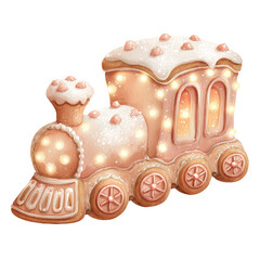 Gingerbread train decorated with icing and lights in a festive winter setting