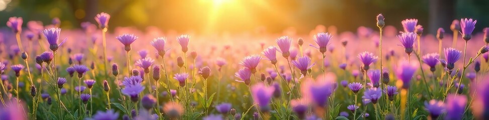Fototapeta premium Vast expanse of vibrant purple wildflowers swaying gently in a summer breeze, bathed in golden sunlight A breathtaking scene of natural beauty and tranquility , background, serene