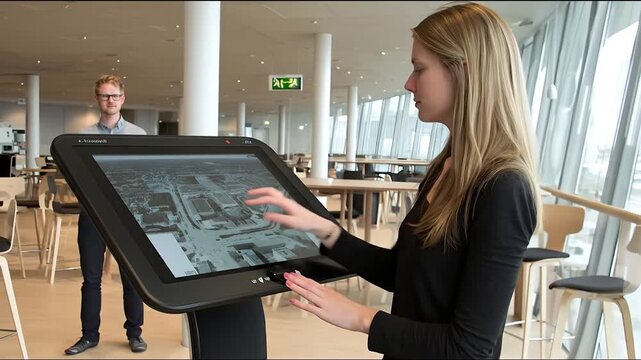 Blonde woman operating modern interior interactive map display advanced technology