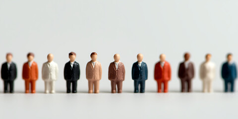 Diverse figurines stand side-by-side, symbolizing unity, diversity, and corporate teamwork. These miniatures represent collaboration, business, and professional community.