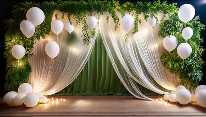 elegant wedding backdrop with sheer fabric fairy lights greenery and white balloons