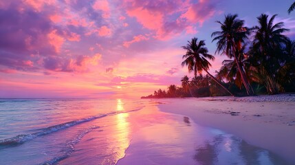 Tropical beach at sunset with vibrant pink and purple sky.