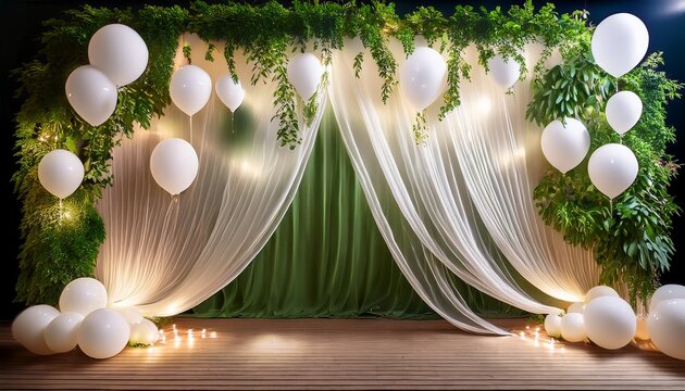elegant wedding backdrop with sheer fabric fairy lights greenery and white balloons
