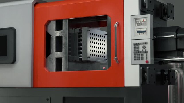 Automated processing machine converting the raw plastic into red granules. Automated processing machine making the environment-friendly items. Automated factory machine processing the materials.