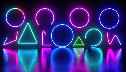 Colorful Neon Shapes in a Dark Background with Reflection