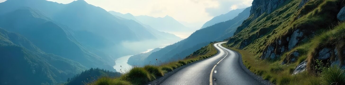 A winding mountain road disappears into a misty valley, symbolizing a challenging yet rewarding journey ahead The path is paved, but uneven, suggesting obstacles and triumphs , triumph, landscape