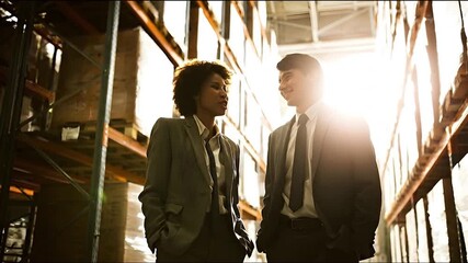 Confident diverse business partners engaged in a brightly lit modern warehouse - Powered by Adobe