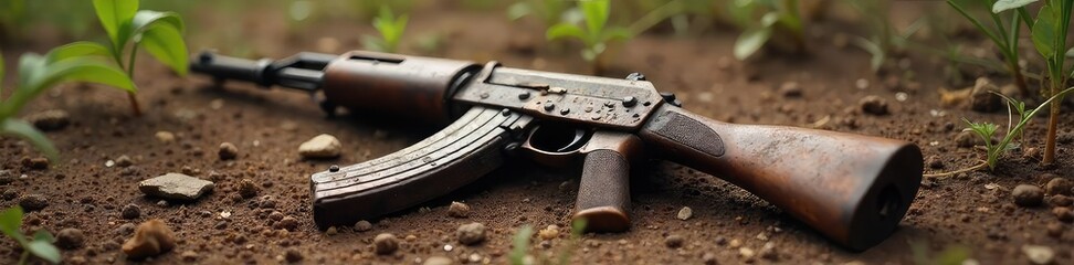 Close-up shot of a rusty, discarded firearm, lying in the dirt, symbolizing the dangerous threat of abandoned weapons and the potential for harm ,  hazardous,  arsenal