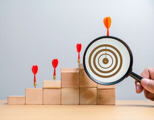 unlock potential of business success stairs dart and dartboard targets magnifying glass with hand on gray background explore opportunities growth embrace steps to achieve ambitions and goal concept