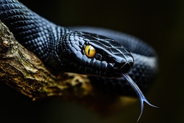 Black Snake on Branch with Tongue Out and Intense Yellow Eyes.