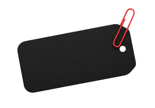 Blank black rectangular paper card with round edged and red paper clip background for office isolated on white or transparent background